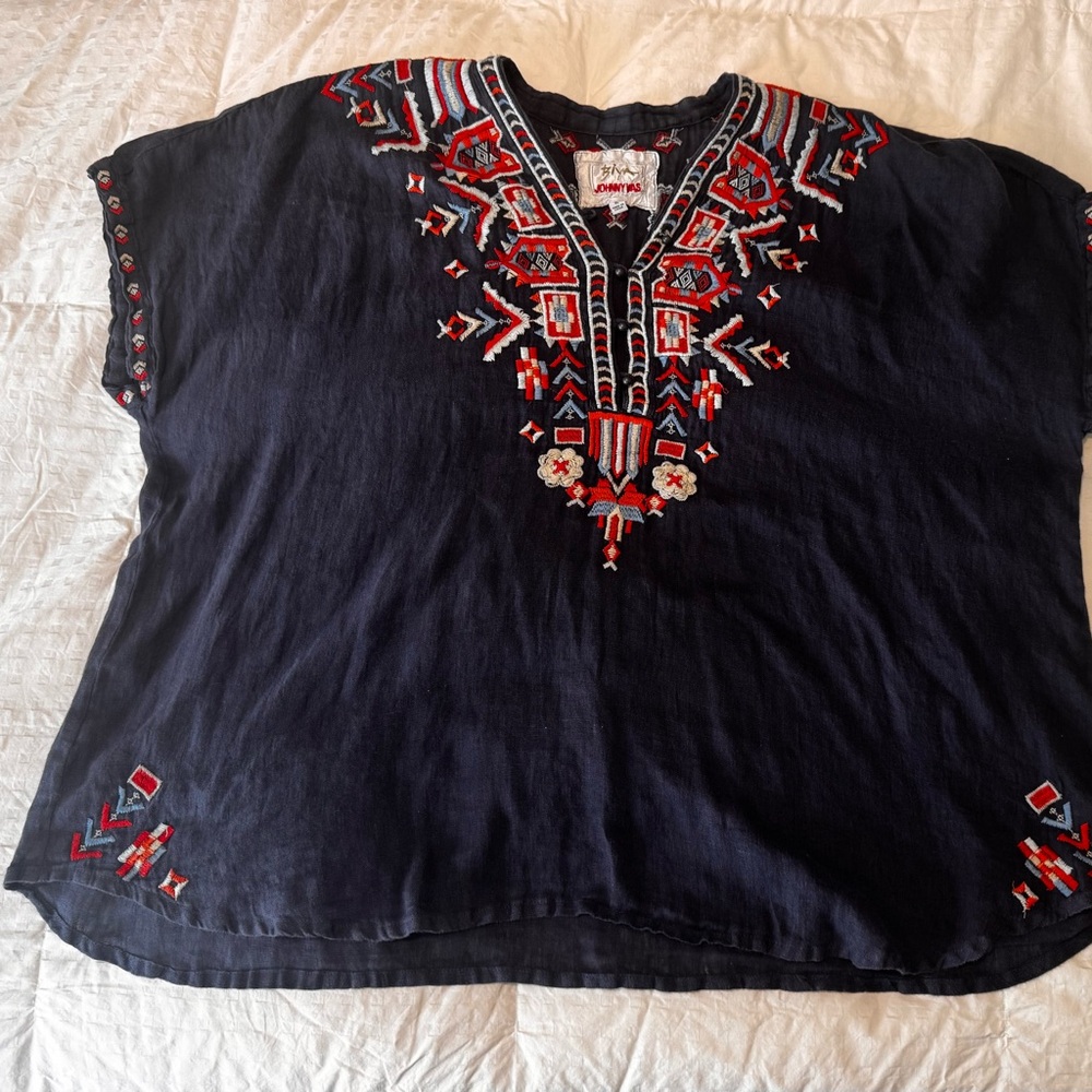 Johnny Was Navy Embroidered Top
